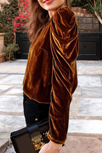 Load image into Gallery viewer, Velvet Frilled Neck Puff Sleeve Top