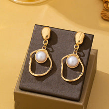 Load image into Gallery viewer, Abstract Molten Gold Pearl Drop Earrings