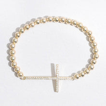 Load image into Gallery viewer, CZ Pave Cross Beaded Gold Tone Bracelet