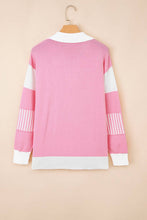 Load image into Gallery viewer, Colorblock Stripe Collared V-Neck Polo Sweater: Pink / M