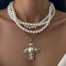 Load image into Gallery viewer, MULTI WRAP PEARL BEADED CROSS CHARM NECKLACE