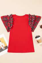 Load image into Gallery viewer, Plaid Patchwork Pearl Ruffle Sleeve T-Shirt