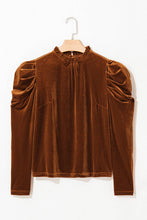 Load image into Gallery viewer, Velvet Frilled Neck Puff Sleeve Top