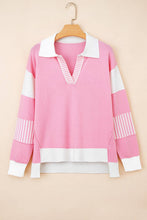 Load image into Gallery viewer, Colorblock Stripe Collared V-Neck Polo Sweater: Pink / M