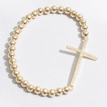 Load image into Gallery viewer, CZ Pave Cross Beaded Gold Tone Bracelet