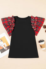 Load image into Gallery viewer, Plaid Patchwork Pearl Ruffle Sleeve T-Shirt