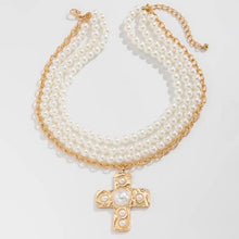 Load image into Gallery viewer, MULTI WRAP PEARL BEADED CROSS CHARM NECKLACE