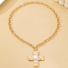 Load image into Gallery viewer, Hammered Cross Pearl Necklace
