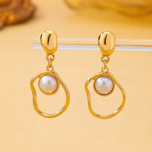 Load image into Gallery viewer, Abstract Molten Gold Pearl Drop Earrings
