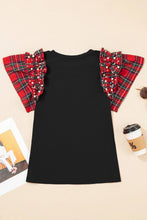Load image into Gallery viewer, Plaid Patchwork Pearl Ruffle Sleeve T-Shirt