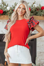 Load image into Gallery viewer, Plaid Patchwork Pearl Ruffle Sleeve T-Shirt