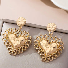 Load image into Gallery viewer, Ornate Hammered Heart Drop Earrings | 80E61656