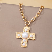 Load image into Gallery viewer, Hammered Cross Pearl Necklace