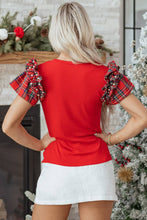 Load image into Gallery viewer, Plaid Patchwork Pearl Ruffle Sleeve T-Shirt