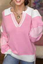 Load image into Gallery viewer, Colorblock Stripe Collared V-Neck Polo Sweater: Pink / M