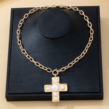 Load image into Gallery viewer, Hammered Cross Pearl Necklace