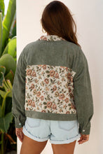 Load image into Gallery viewer, Floral Ribbed Corduroy Patchwork Shirt Jacket: Sage Green / XL