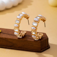 Load image into Gallery viewer, Alternating Pearl and Rhinestone Hoop Earrings