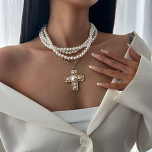 Load image into Gallery viewer, MULTI WRAP PEARL BEADED CROSS CHARM NECKLACE