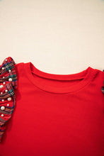 Load image into Gallery viewer, Plaid Patchwork Pearl Ruffle Sleeve T-Shirt