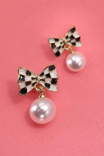 Load image into Gallery viewer, CHECKER BOW PEARL DROP EARRINGS